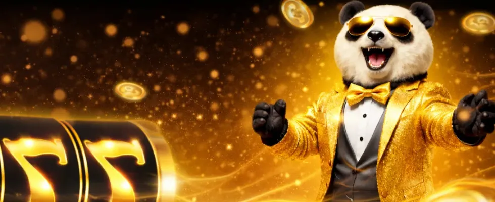 Bannière promotionnelle du bonus de bienvenue de Golden Panda Casino avec un panda chanceux